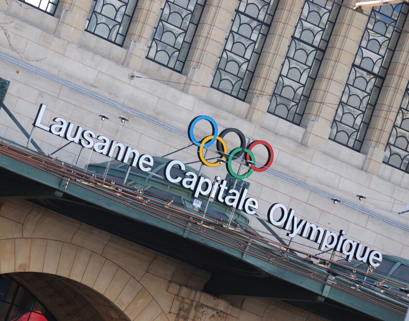 Olympic game rings and Museum in Lausanne, Switzerland
