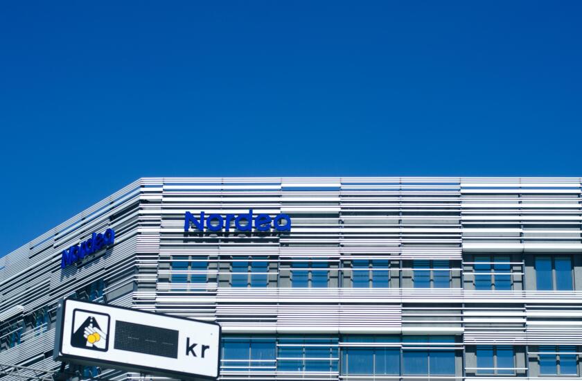 Stockholm, Sverige - 5 may 2018. The logo of the mainly nordic bank Nordea on the exterior of a building along the motorway E4 in Stockholm