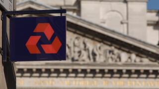 Natwest Bank plc sign and architecture of Cornhill Exchange, City of London.