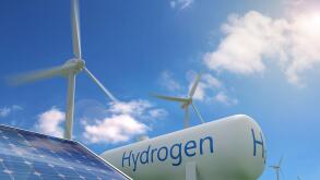 Hydrogen tank, solar panel and windmills on blue sky background. Sustainable and ecological energy concept. 3d illustration.