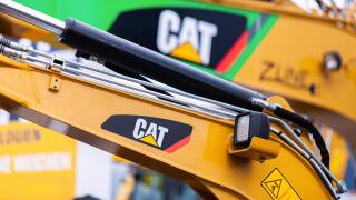MUNICH / GERMANY - APRIL 14, 2019: Caterpillar logo on a digger arm at a CAT machine dealer.