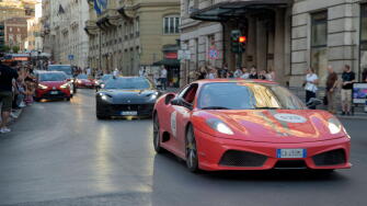 June 13, 2024, Rome, Italy: Some modern Ferrari cars participating in the re-enactment of the Mille Miglia (one thousand miles) in Rome. The Mille Miglia was a speed road car competition held in Italy from 1927 to 1957 with start and finish in Brescia in 