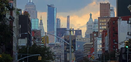 View of the Midtown Manhattan skyline with the Empire State Building from Bowery Street, Manhattan, New York, New York, USA