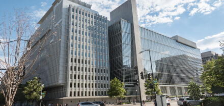 World Bank Headquarters Building, Washington, DC.  Bank's two stated goals are to end extreme poverty, and promote shared prosperity in a sustainable