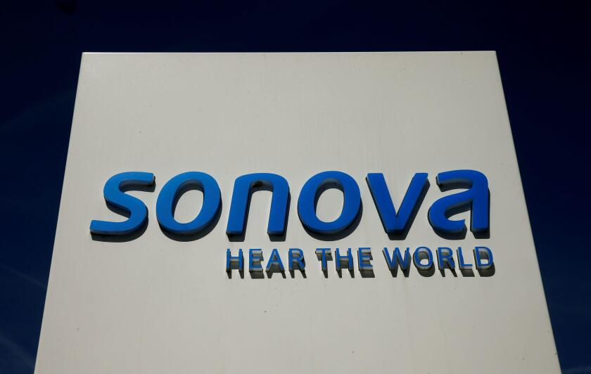Logo of Swiss hearing aid maker Sonova is seen at the company's headquarters in Staefa, Switzerland May 16, 2017. REUTERS/Arnd Wiegmann