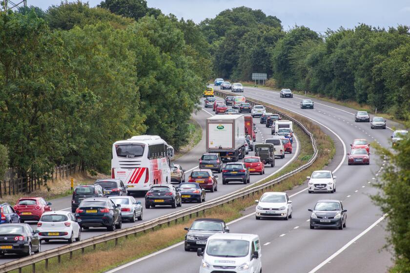 Queuing and stationary traffic on closed motorway. A1 motorway junction 7 southbound, Stevenage, Hertfordshire