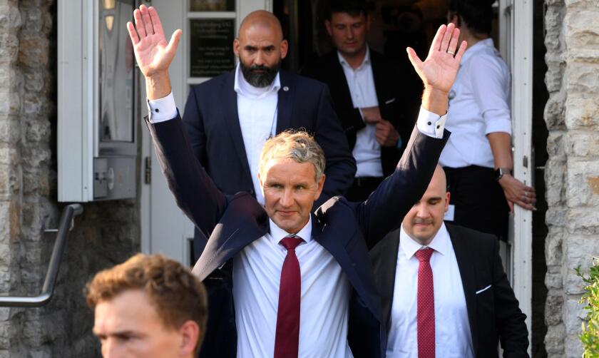 Erfurt, Germany. 02nd Sep, 2024. RECROP - Bjorn Hocke (AfD, M), party and parliamentary group leader of the AfD in Thuringia and top candidate, leaves the AfD election party. The election party took place in Thuringia on Sunday. Credit: Daniel Vogl/dpa/Al