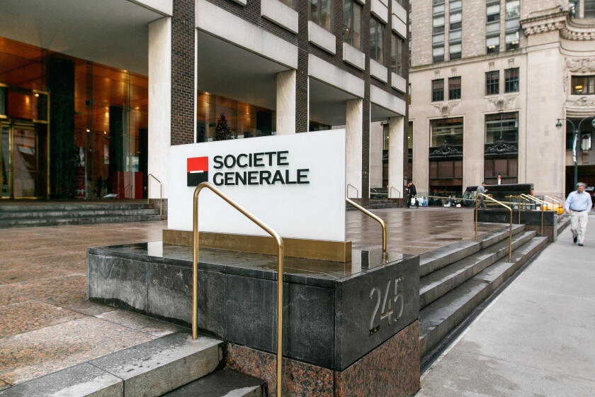 Societe Generale corporate signage by their office in midtown Manhattan.