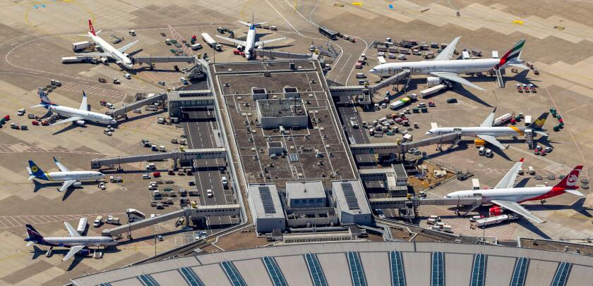 Air Berlin Jet, aerial photo, gates and jet bridges to the airplanes, terminal and concourses, Dusseldorf Airport, Dusseldorf, Rhineland, North Rhine-Westphalia, Germany