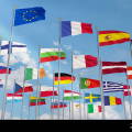 The flag of the European Union with the flags of the European Union waving in the sky ,Close-up
