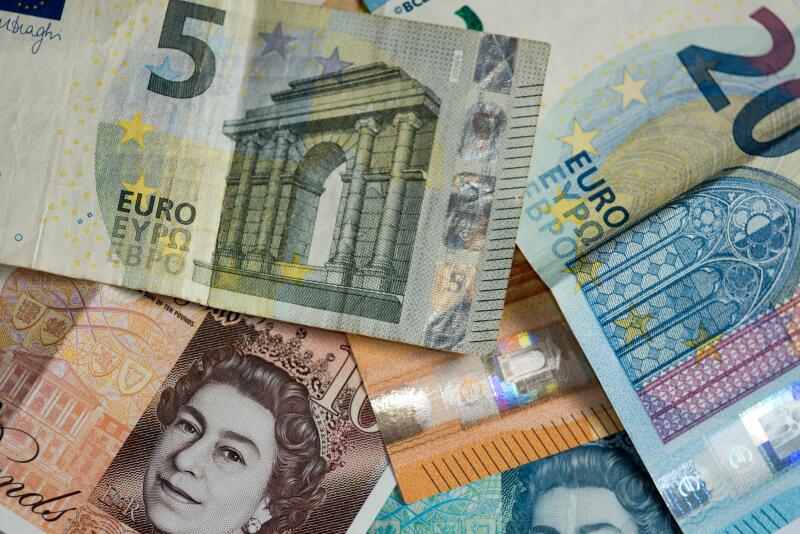 Pounds and Euros of various denominations at a closeup