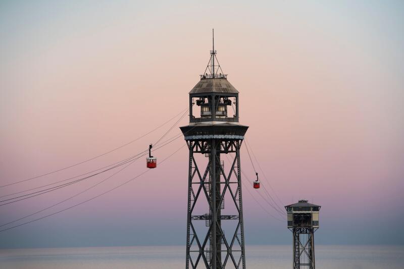 View of the Barcelona Cable Car at sunset, Catalonia, Spain.