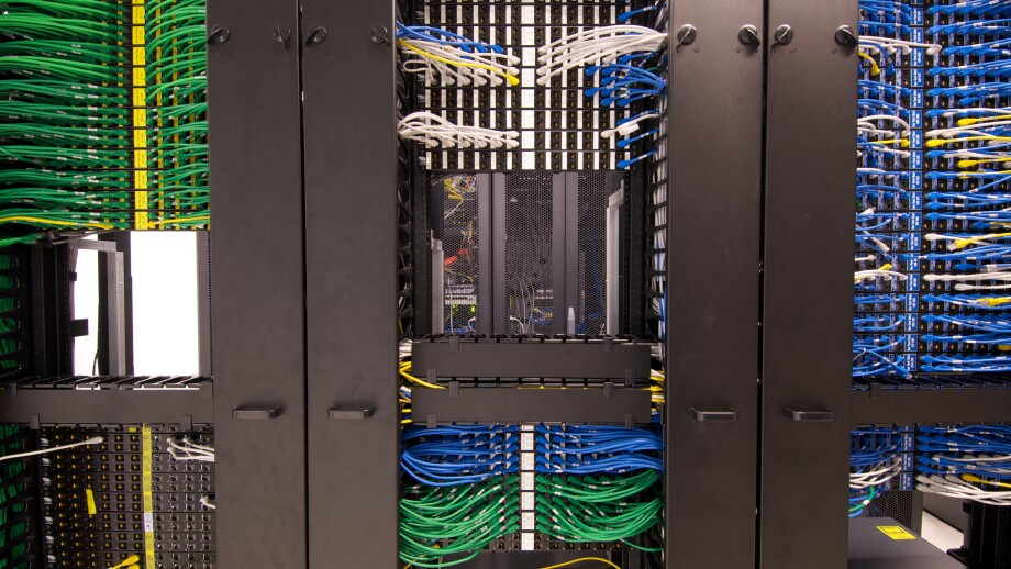 Ethernet cables and sockets neatly arranged in the server racks of a data center at some Hong Kong serviced offices.