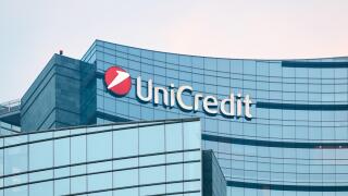 Unicredit bank skyscraper detail at dusk. Unicredit S.p.A. is one of the biggest Italian and European credit group