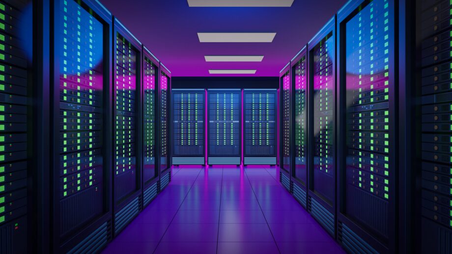The,Row,Of,Hosting,Server,Racks,Container,With,Pink,Blue