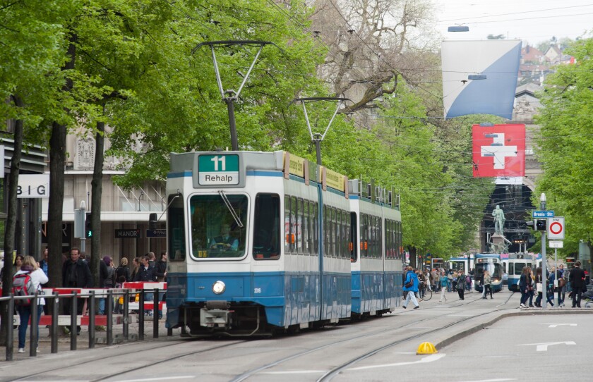 Zurich streetcar (Tram) on Zurich's Bahnhofstrasse luxury commercial strip