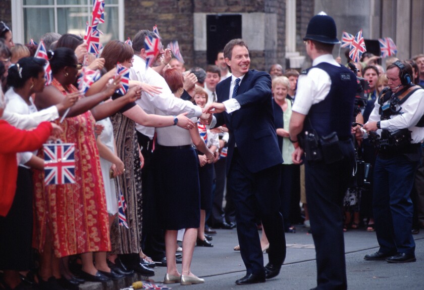 UK Elections 1997. Tony Blair and the Labour Party win power after 17 years of Conservative Rule.