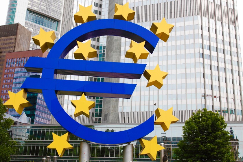 European Central Bank (ECB) with the Euro sign outside in Frankfurt (Main)