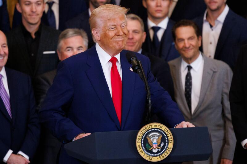 Washington, United States. 07th Apr, 2025. President Donald Trump gives remarks during a ceremony with the 2024 World Series Champions, the LA Dodgers, in the East Room of the White House in Washington DC on Monday April 7, 2025. (Photo by Aaron Schwartz/