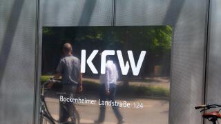 Logo of KfW (Kreditanstalt fur Wiederaufbau) in Bockenheimer LandstraBe in Frankfurt am Main (June 14, 2023)