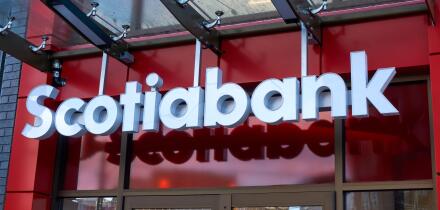 Scotiabank or Bank of Nova Scotia sign in Vancouver, British Columbia, Canada