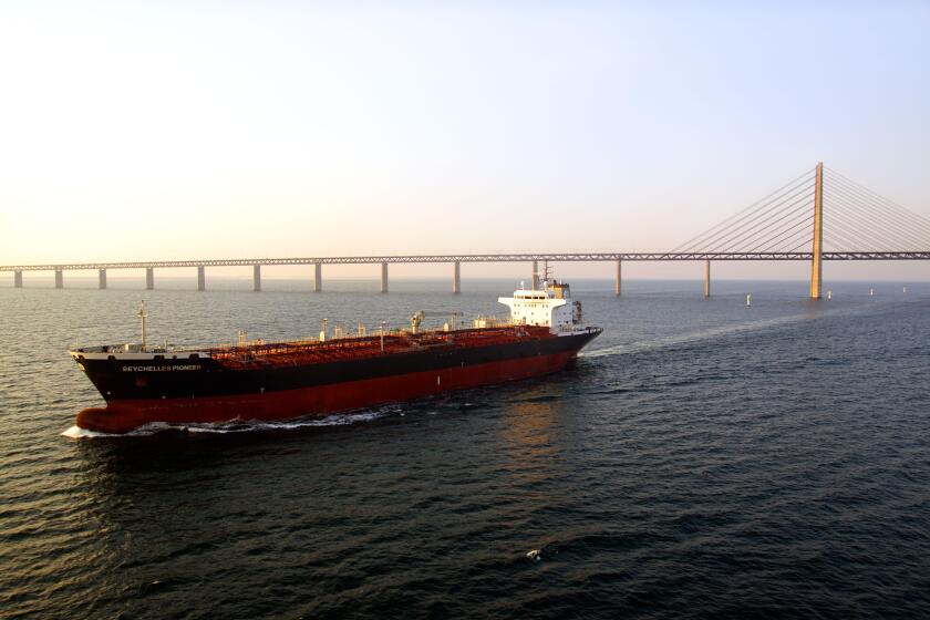 The chemical tanker "Seychelles Pioneer" at Oresund Bridge near Malmo, Sweden