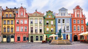 Colorful renaissance facades on the central market square in Poz