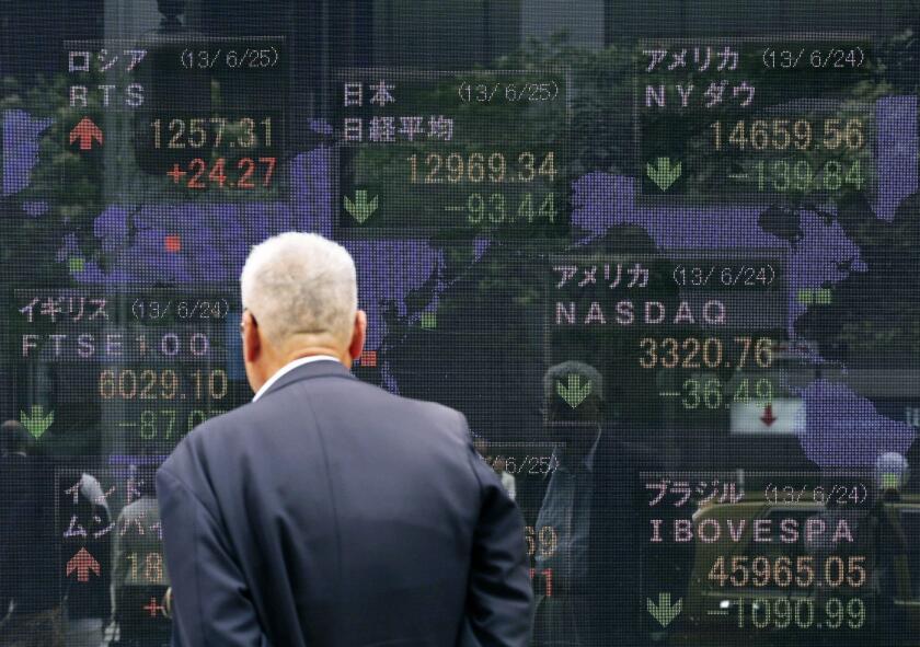 TOKYO, Japan - An electronic signboard in central Tokyo's Yaesu district displays the Nikkei Stock Average (top C) and foreign stock indexes on the afternoon of June 25, 2013. Tokyo stocks ended lower as sentiment was dented by tumbling Chinese shares, am