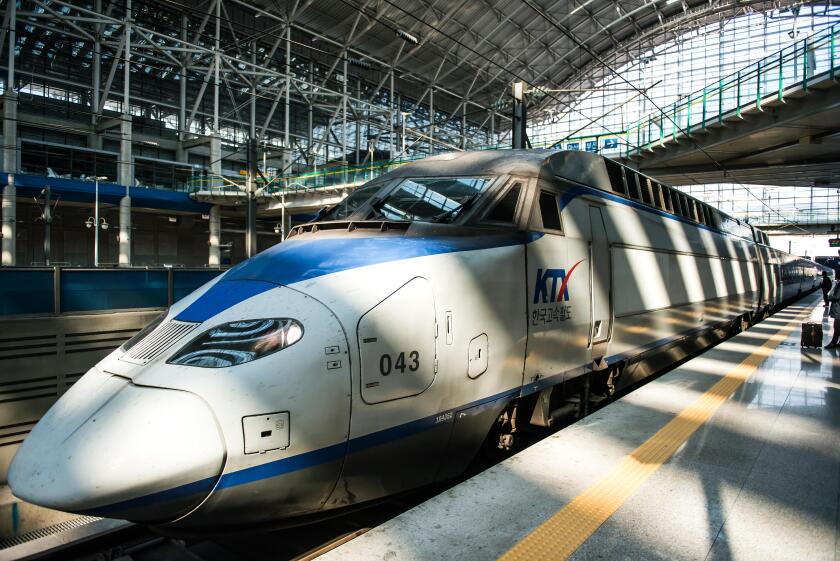 Gwangmyeong-si, South Korea - November 2, 2016: High-speed bullet trains (KTX) and Korail trains stop at the Seoul station in South Korea.