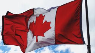 Canada, Whister, Flag of Canada waving over mountains