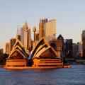 View of downtown Sydney, Australia and the Sydney Opera House overlooking Sydney Harbor.