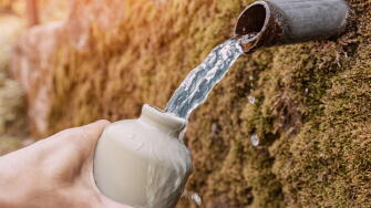 Hand filling a reusable bottle with fresh, pure drinking water flowing from a pipe embedded in moss covered rocks