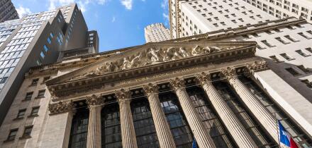 Facade of New York Stock Exchange, nicknamed The Big Board, American stock exchange in the Financial District, Wall Street, Lower Manhattan, New York