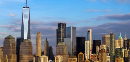 Manhattan waterfront panorama with modern skyscrapers in New York City, NYC. New York skyline panorama. Manhattan skyline daytime panorama in New York