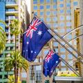 Australian flags outside Department of Justice Building Spring Street Melbourne Australia