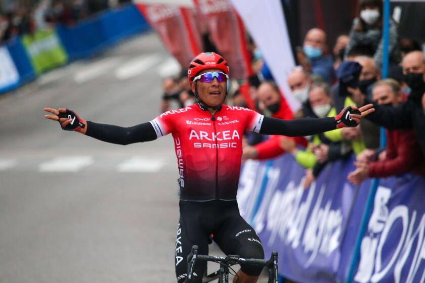 Pola de Lena, SPAIN: The rider of Team Arkea Samsic, Nairo Quintana (131) enters the winner of the first stage during the 1st stage of the Vuelta a Asturias between Oviedo and Pola de Lena, Spain on April 30, 2021. (Photo by Alberto Brevers / Pacific Pres