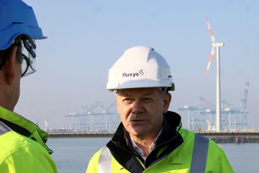German Chancellor Olaf Scholz visits the Fluxys gas terminal at the Belgian port of Zeebrugge, Belgium February 14, 2023. REUTERS/Yves Herman/Pool