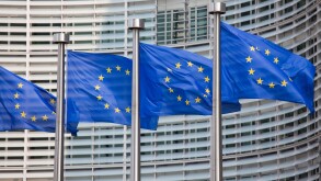 European flags in front of the Berlaymont building, headquarters of the European commission in Brussels.