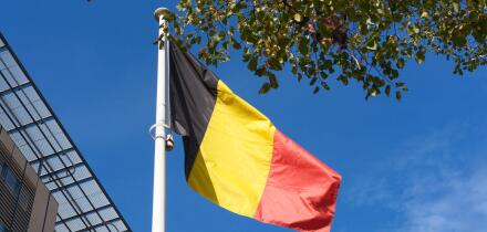 Belgian flag swaying in the wind against blue sky and trees. Flag of Belgium near train station. Flag day celebration. Embassies and consulates