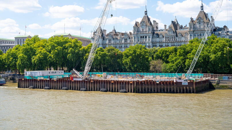 Construction work in progress by Victoria Embankment, London for the Thames Tideway Tunnel super sewer project under construction under the Thames
