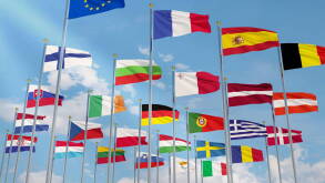 The flag of the European Union with the flags of the European Union waving in the sky ,Close-up