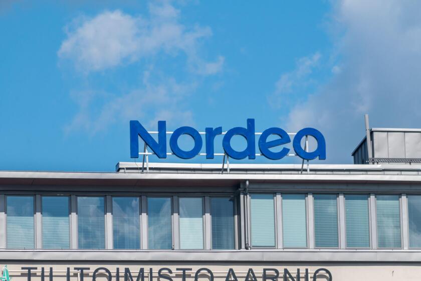 Turku, Finland - August 6, 2021: Logo of Nordea. It is part of Nordea - the largest financial group in the Nordic countries.