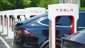Tesla charging station to welcome electric car owners. Turin, Italy - June 2022