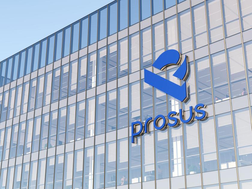 Amsterdam, Netherlands. May 2, 2022. Editorial Use Only, 3D CGI. Prosus Signage Logo on Top of Glass Building. Workplace Investment Company Office Hea