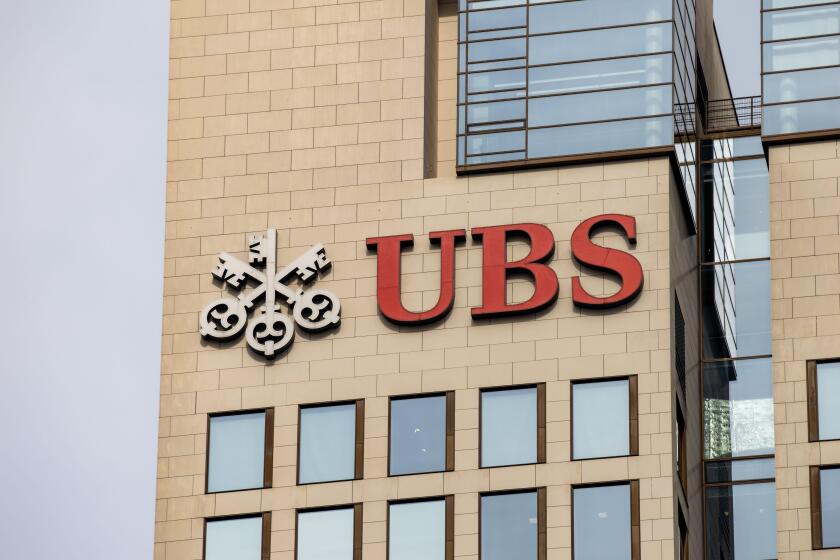 UBS bank logo on the OpernTurm building. Swiss investment bank and financial service company in Frankfurt am Main.