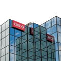 Sydney, Nova Scotia - Aug. 17, 2023: CIBC logo at the CIBC Banking Center in the Commerce Tower downtown.