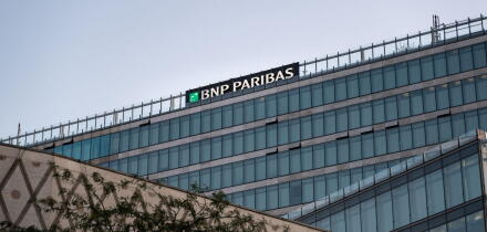 Building of the BNP Paribas bank in the capital city of Germany. Architecture with a lot of glass on the facade. Financial investment business.