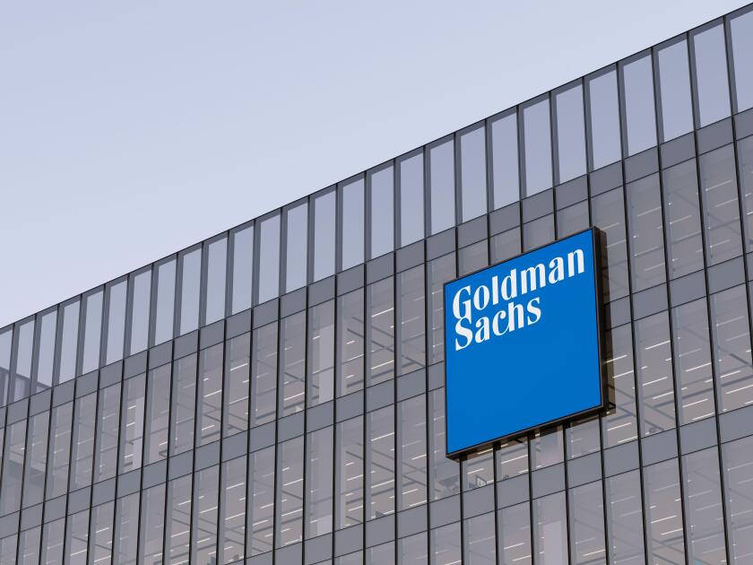 New York, NY, USA. May 2, 2022. Editorial Use Only, 3D CGI. Goldman Sachs Signage Logo on Top of Glass Building. Workplace of Investment Banking Compa