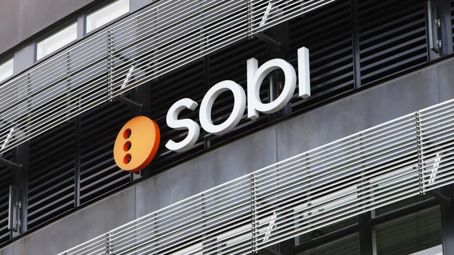 Solna, Swedan - September 2, 2021: Close-up view of the biopharmaceutical company Sobi (Swedish Orphan Biovitrum AB) logo on the head office building.