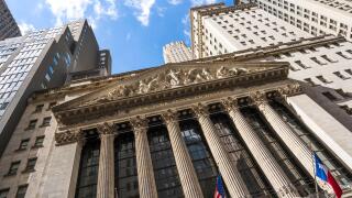 Facade of New York Stock Exchange, nicknamed The Big Board, American stock exchange in the Financial District, Wall Street, Lower Manhattan, New York